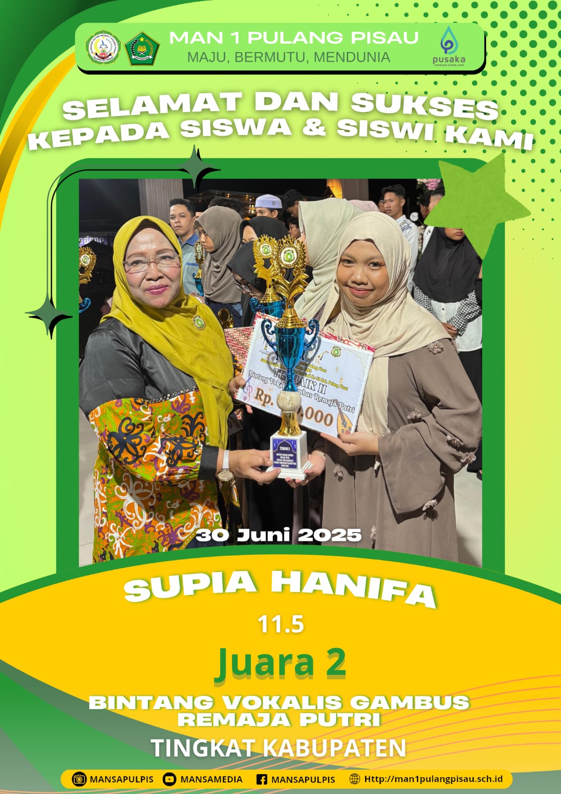 SISWI MAN 1 PULANG PISAU PLUS KETERAMPILAN BERHASIL MERAIH JUARA 2 BINTANG VOKALIS GAMBUS REMAJA PUTRI